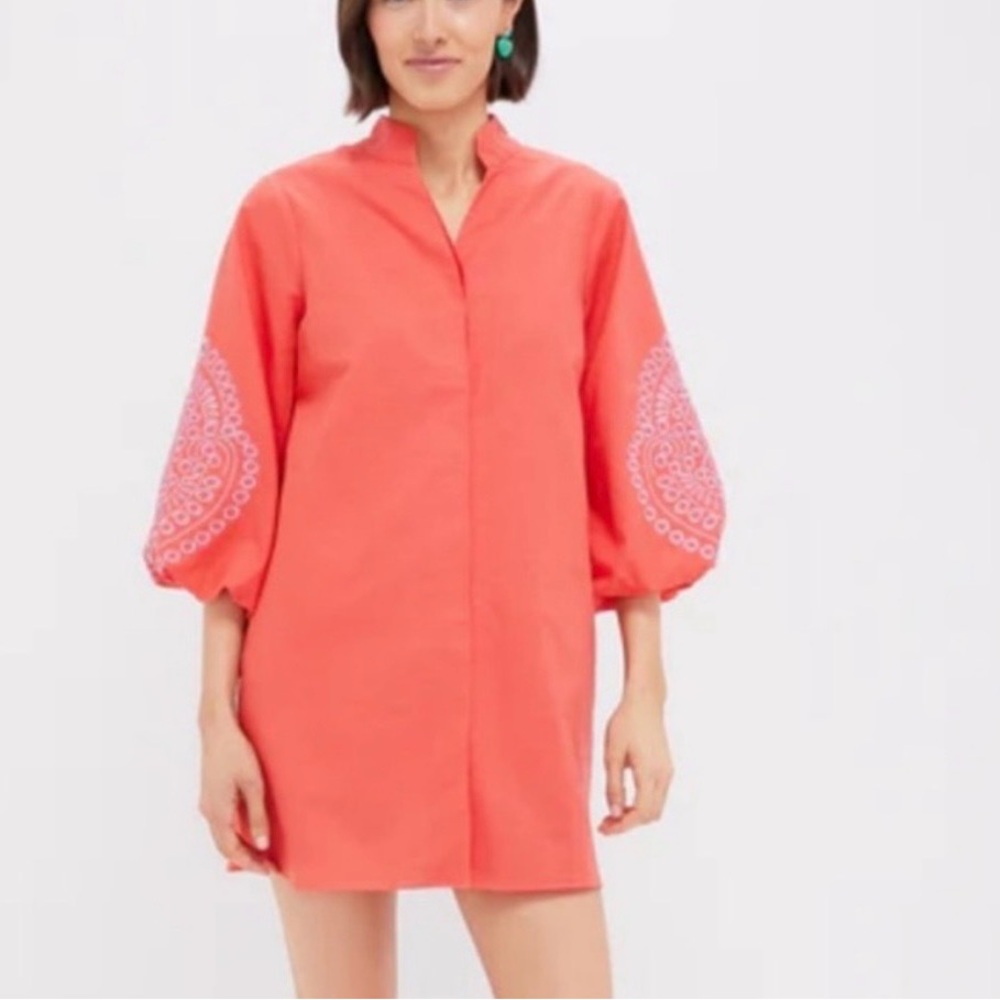 Hyacinth house Coral Dress with lavender Embroidered Sleeves